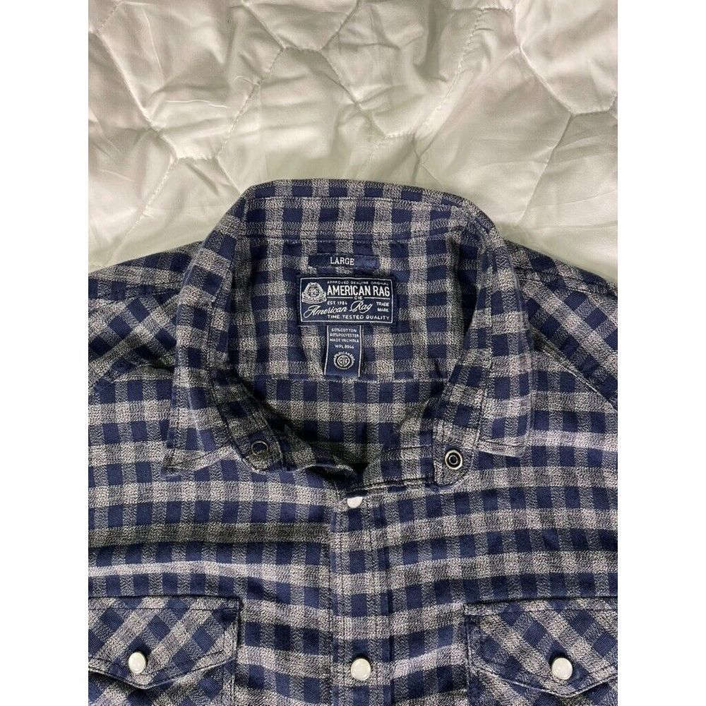 AMERICAN RAG MENS CHECK BLUE GREY WESTERN STYLE SNAP BUTTON FRONT SHIRT LARGE - Picture 1 of 6